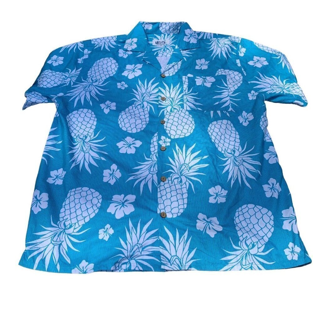 Uzzi Amphibious Gear Mens Sz Medium SS Turquoise White Pineapple Hawaiian Shirt 